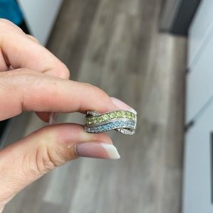 Blue and green topaz ring with diamond accents